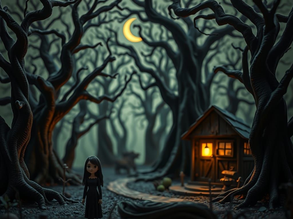 Lone Woman in Mysterious Whimsical Forest