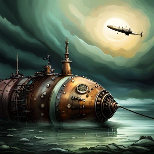 Steampunk Submarine Hiding From Bomber Plane