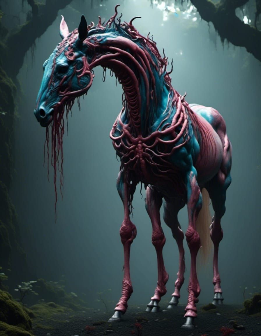 <lora:The Centaur v2:1.0> Eyeless Equine alien made of Intestines and organs photorealistic cool colors