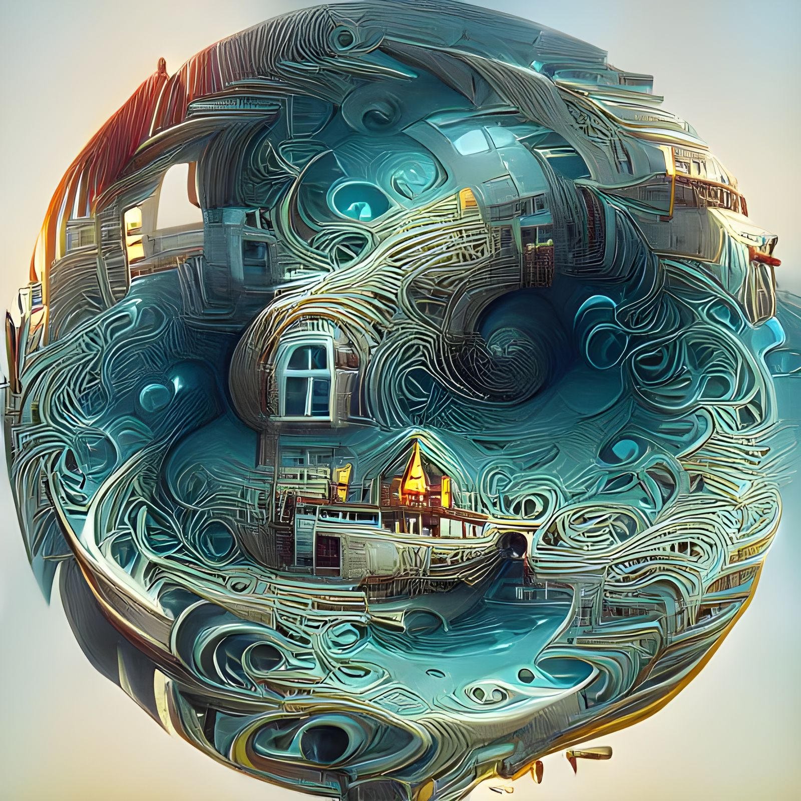 Complex Circular Waveform Mansion in Hyperrealistic Style