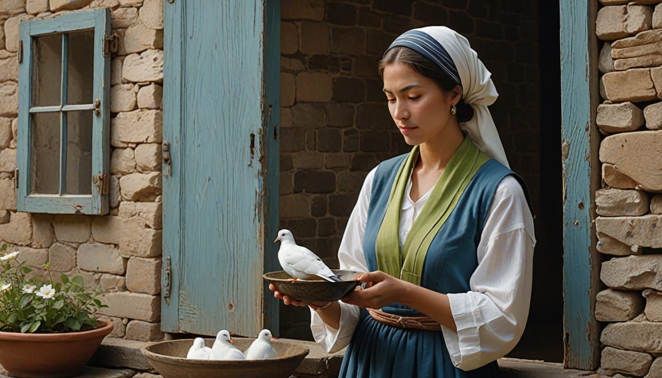 Woman in Traditional Attire Feeds Dove in Serene Window Scen...