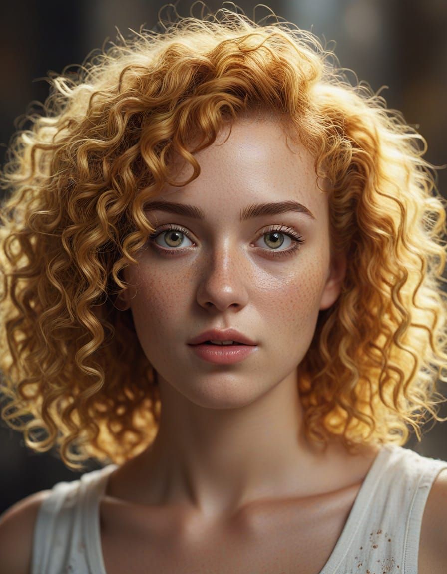 Photorealistic Portrait of a Young Woman with Yellow Curly H...