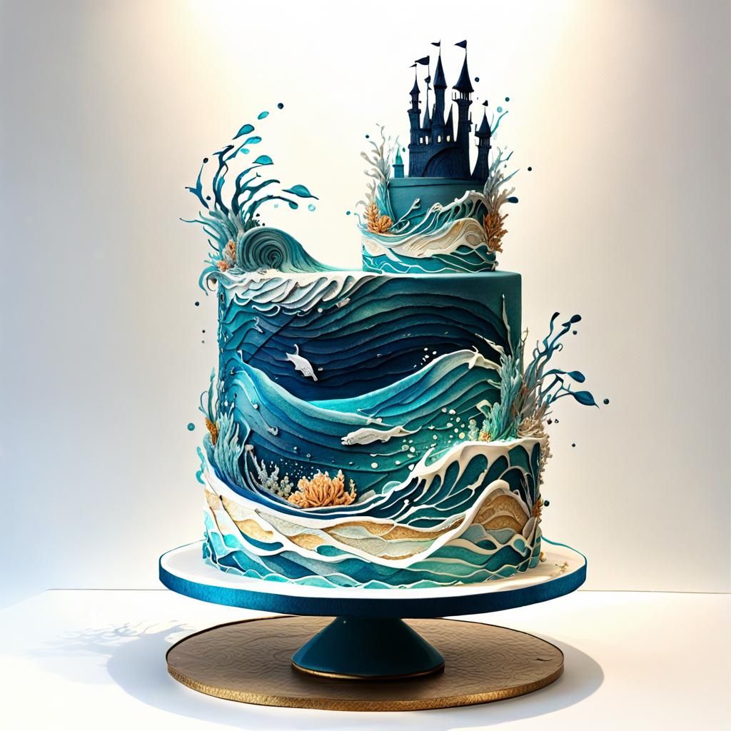 Oceanic Cake: Digital Watercolor Wedding Cake
