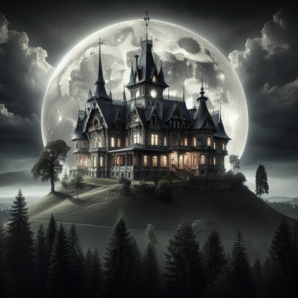 Ethereal Mansion Under the Glowing Moon