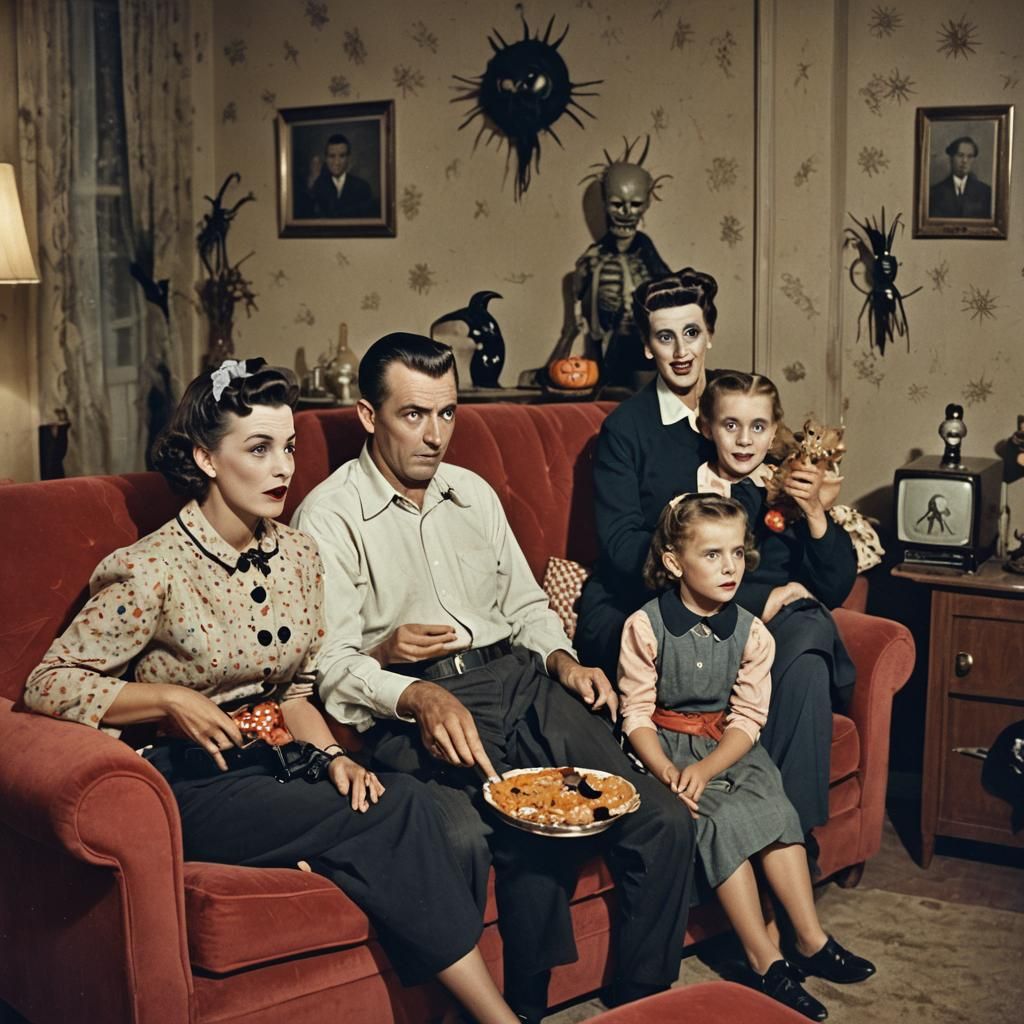 Scary Family Celebrates Halloween in 1950s Living Room