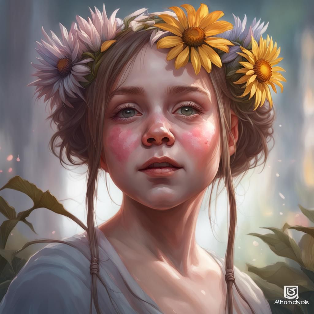 Girl with Coneflowers Portrait in Art Nouveau Style