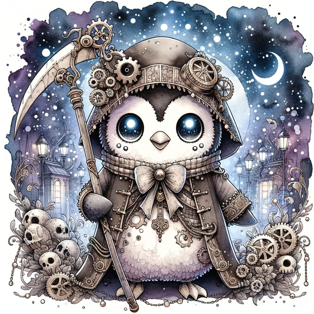 Chibi Penguin Reaper in Steampunk Watercolor Night