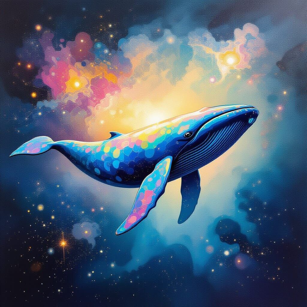 Oil painting. Medium shot. A surreal whale with iridescent scales swims through a nebula of abstract shapes and vibrant ...