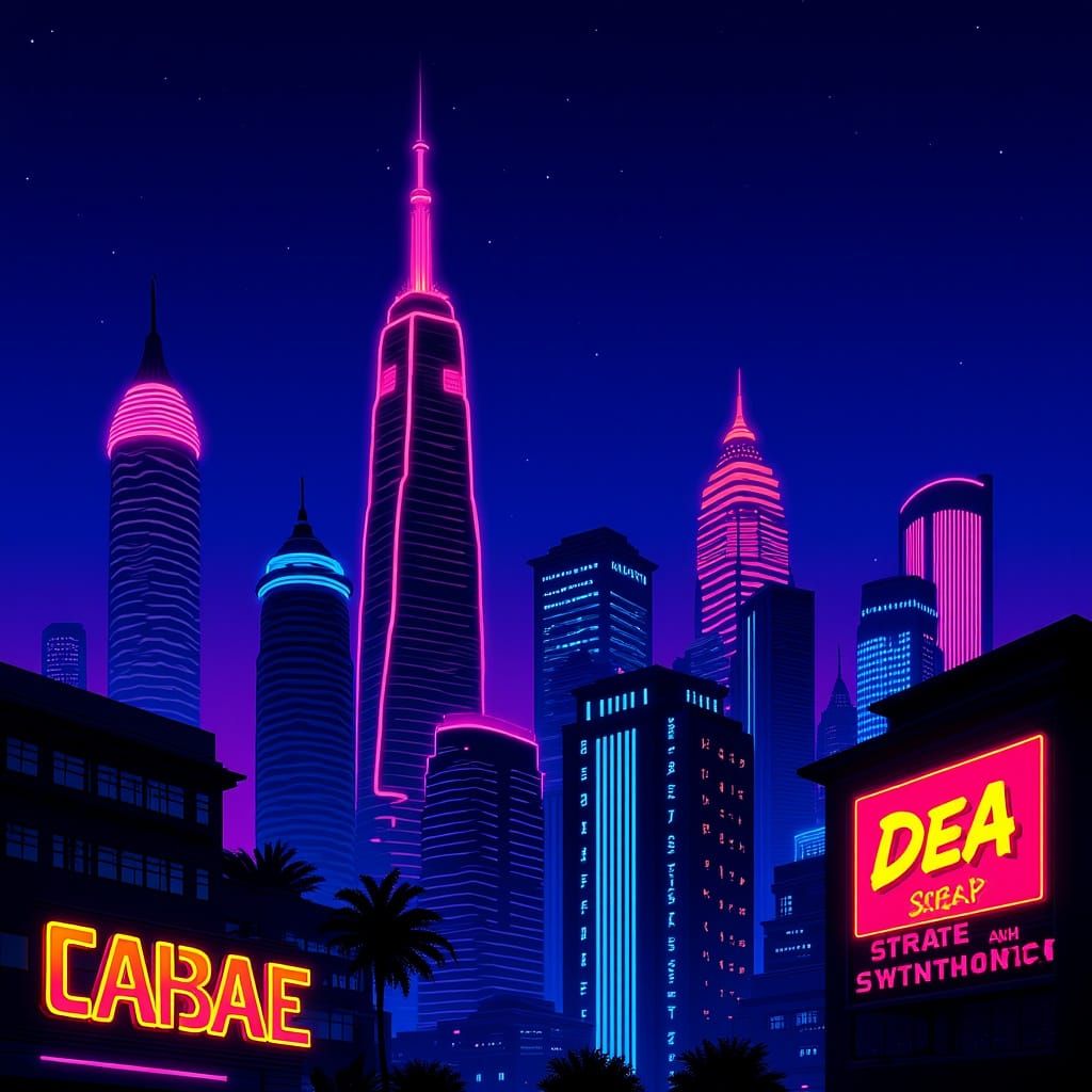 Synthwave Cityscape with Neon Lights and Cyberpunk Style