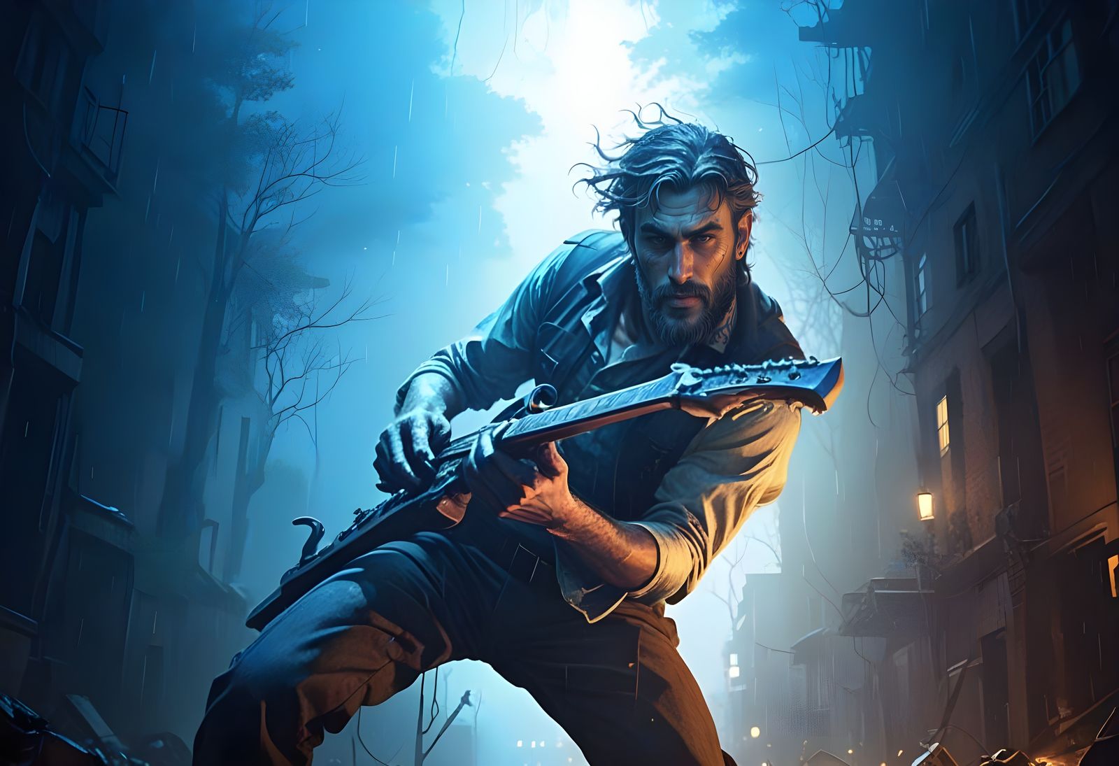 Strong, Tattooed Man with Intense Facial Features