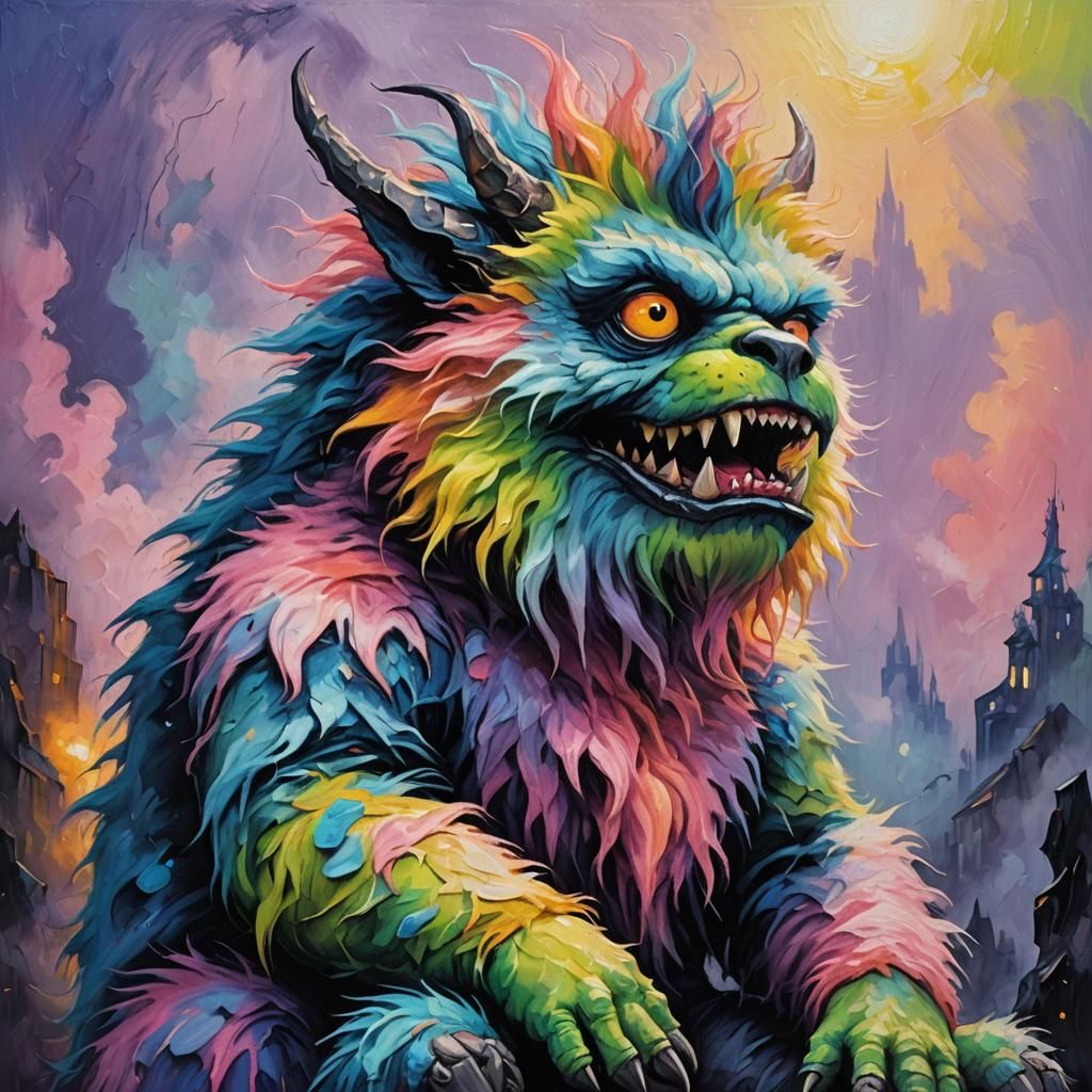 Fluffy Punk Monster in Neo-Impressionist Twilight