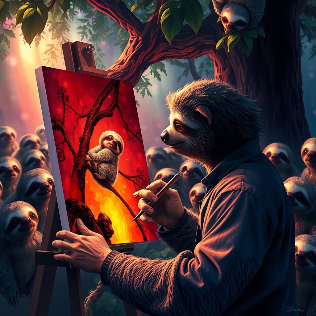 Sloth Artist Paints Sloth in Hyperrealistic Splash Art Style