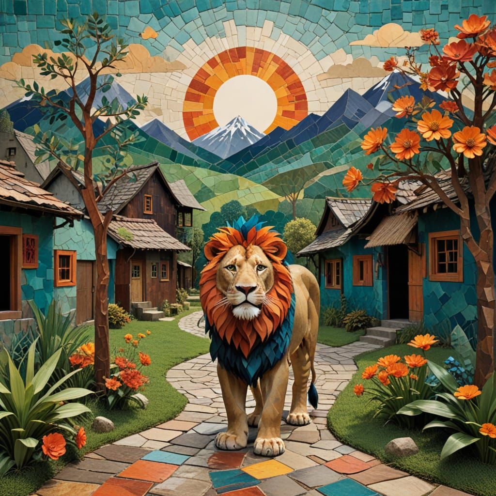 Majestic Lion Guardian at Village Entrance
