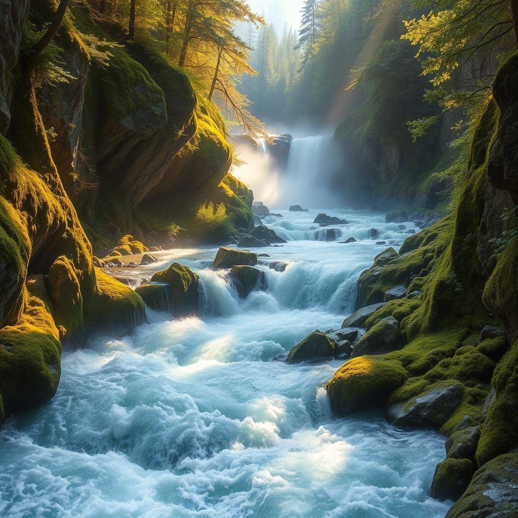 Whitewater Cascade in Lush, Untouched Forest, Hyperrealistic...