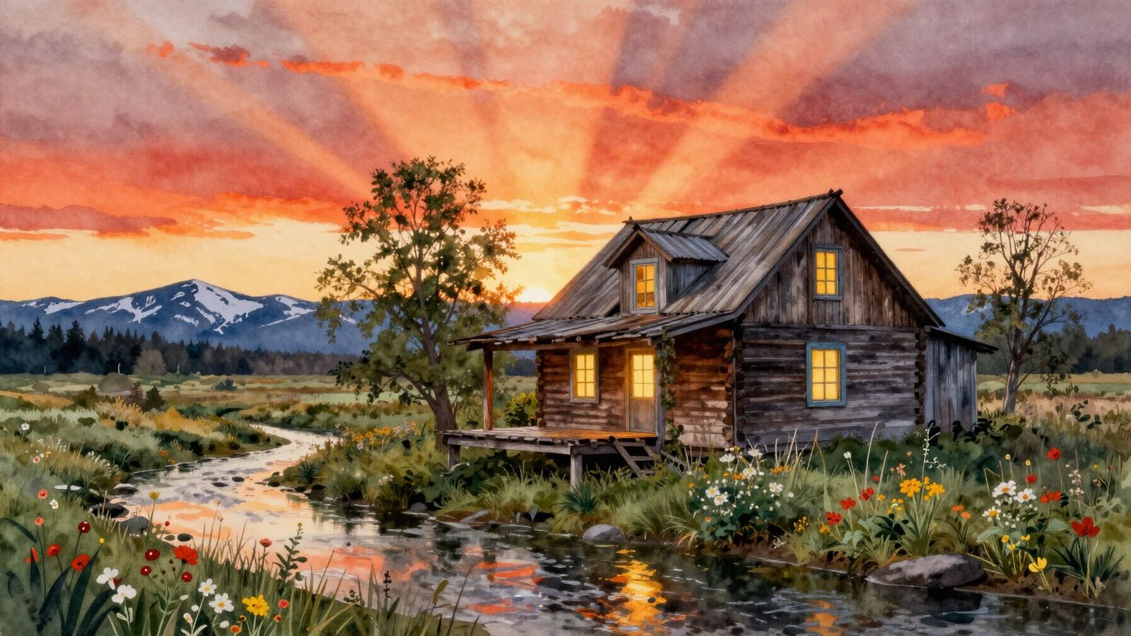Watercolor Swamp House at Sunset with Mountain Views