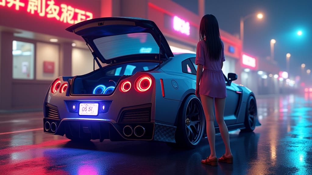 Anime Girl Admires a Neon-Lit Sports Car with a High-Tech Au...