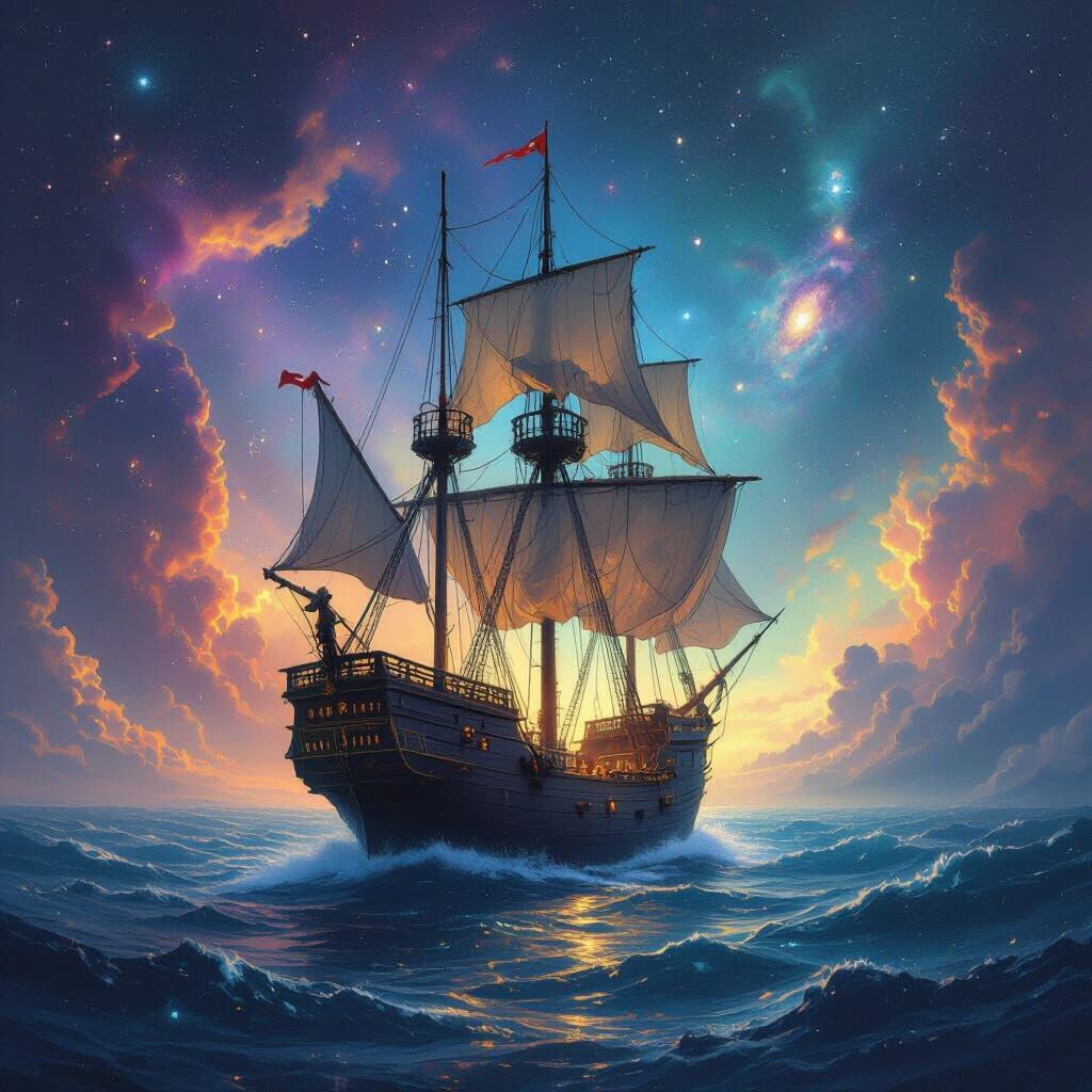 Galleon Sailing Through Nebula in Dark Fantasy Style