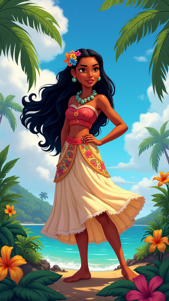 Vaiana on a Lush Island in Disney Style