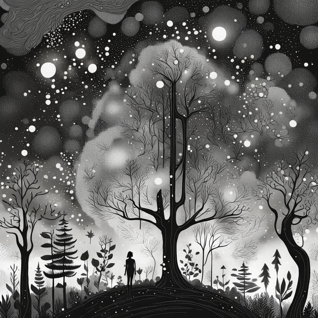 Monochrome Starry Night: Floating Forest in Digital Art