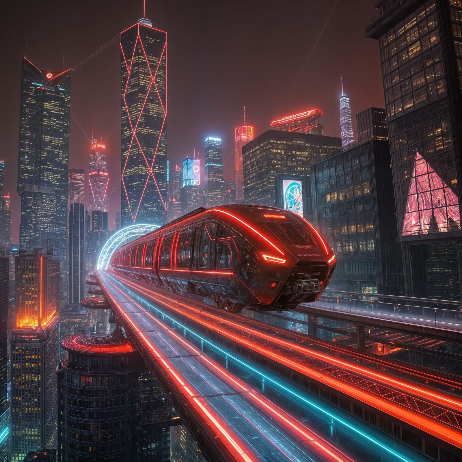 Futuristic Red Maglev Train Speeds Through Cyberpunk City