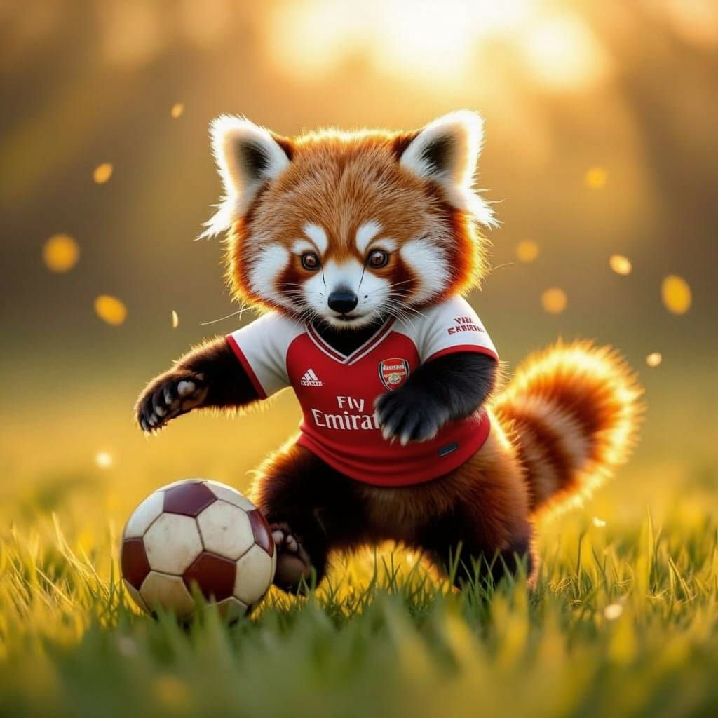 Red Panda Plays Football in Golden Hour Field
