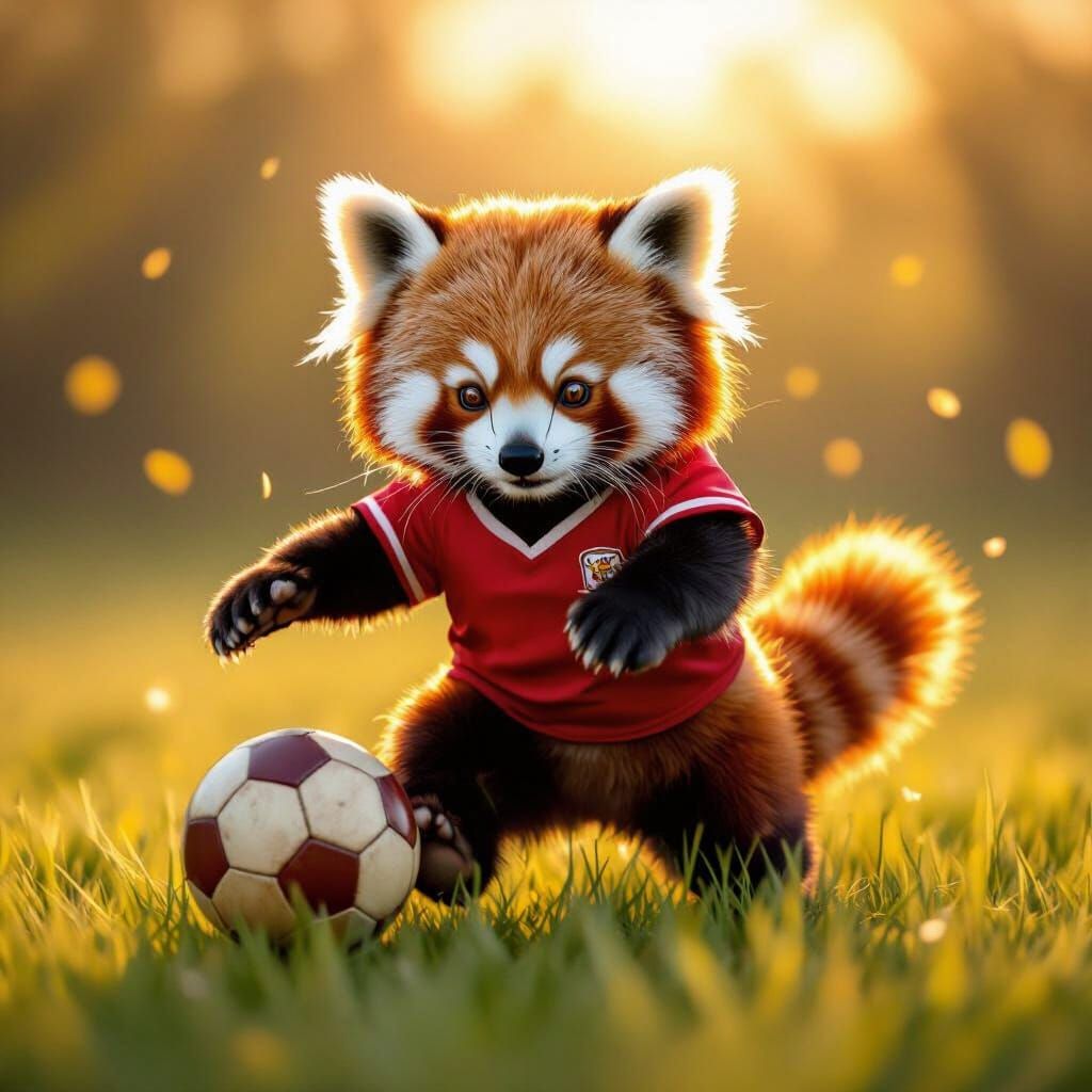 Red Panda Plays Football in Golden Hour Field