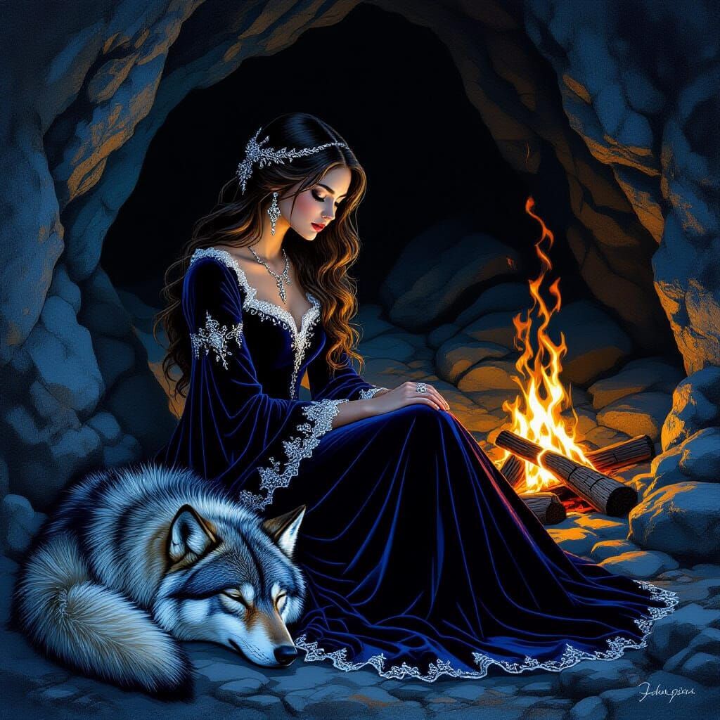 Girl in Cave with Sleeping Wolf, Fantasy Illustration