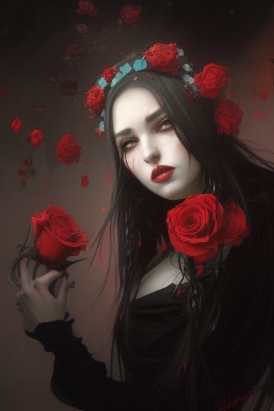 Gothic Girl Portrait with Skulls and Roses