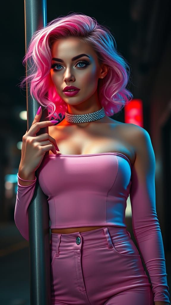 Sultry Woman in Pastel Pink Captivates with Moody Neon Glow