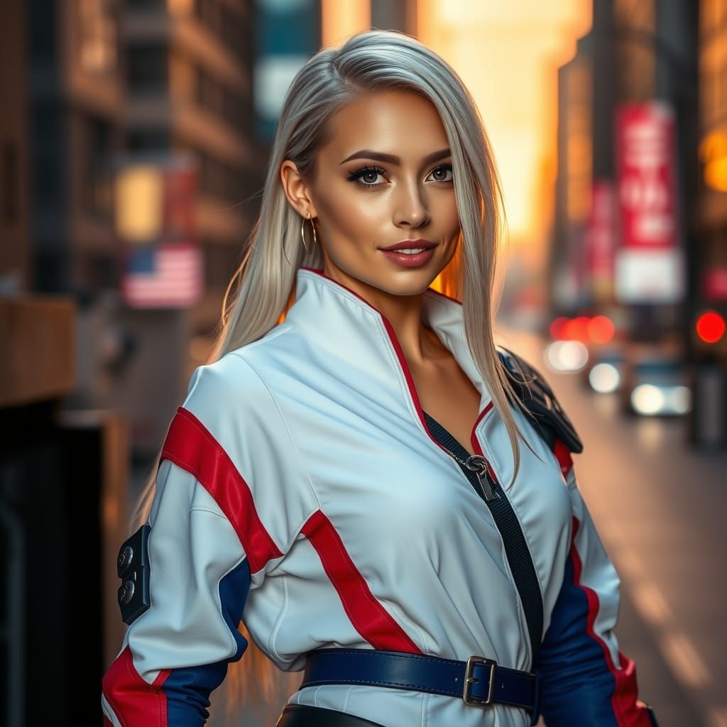 photorealistic highly detailed standing beautiful Caucasian 25yo woman, ((superhero style)), dreamy face expression, hap...