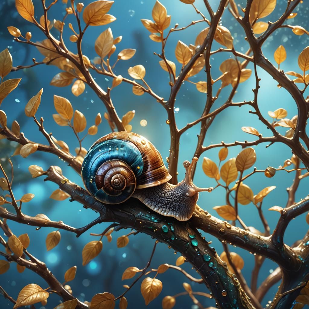 Snail Crawling Up Tree: Ethereal 3D Digital Art