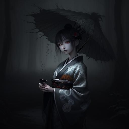 Ethereal Geisha Ghost in Misty Forest: 3D Anime Art
