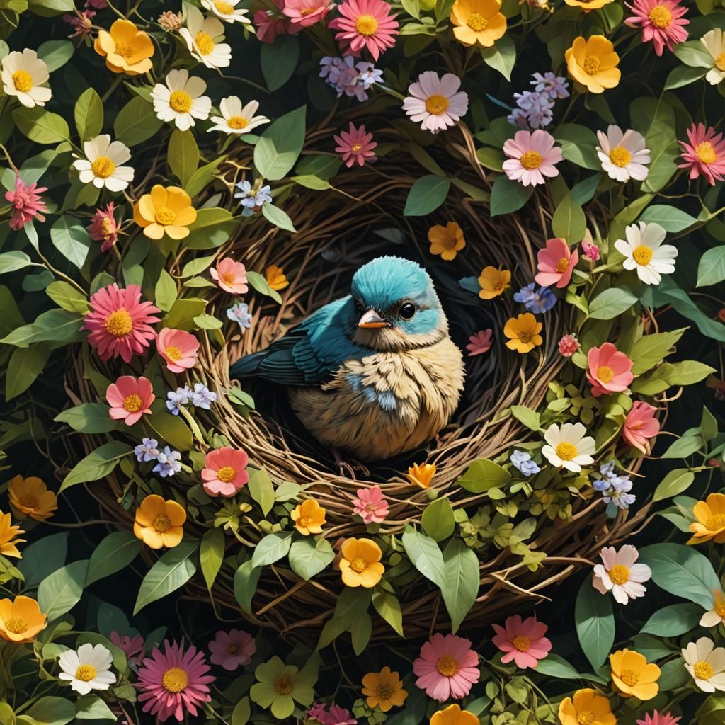 Baby Bird in Forest Nest: Digital Art