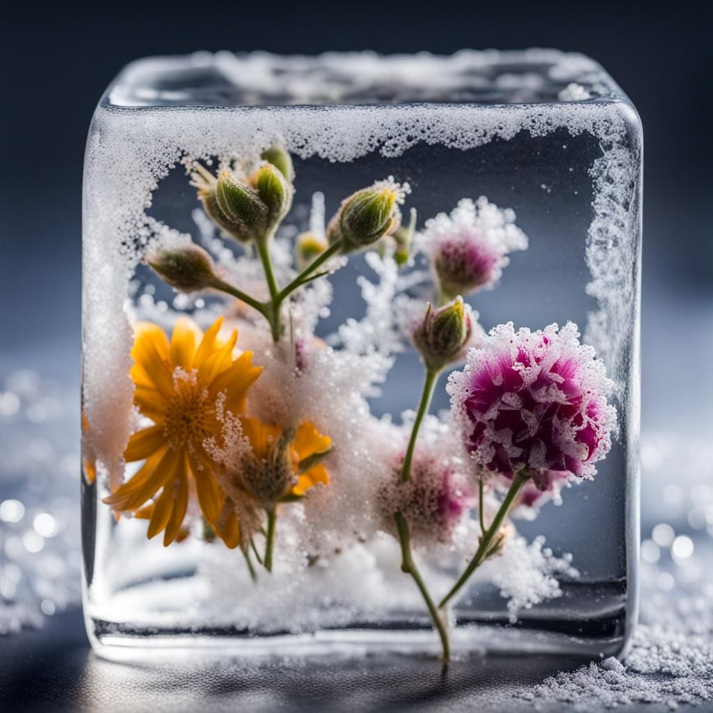 Frozen Flowers Encased in Ice Cube