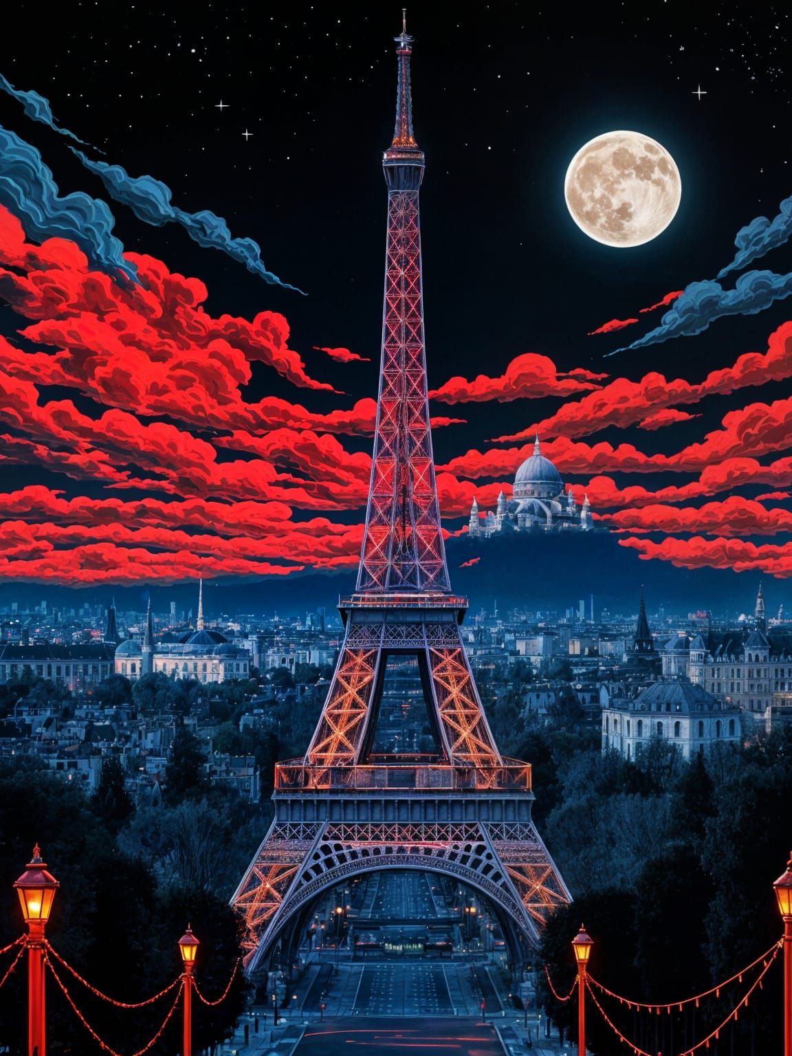 Psychedelic Eiffel Tower Scene in Art Deco Style