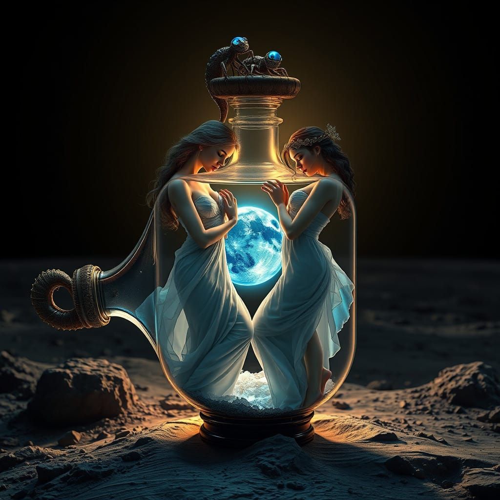 Dreamlike Scene of Two Women in a Glass Bottle on the Moon's...