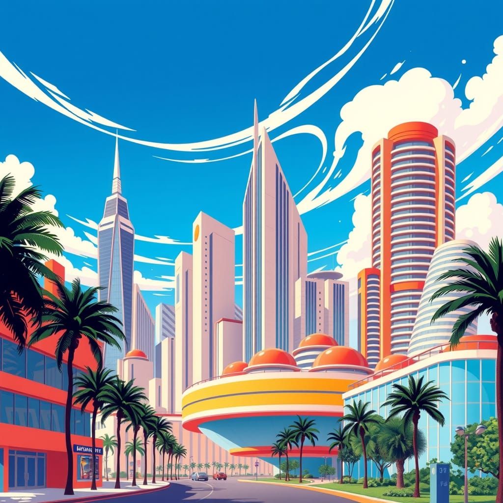 Retro-Futuristic Cityscape in Vibrant Dreamy Style