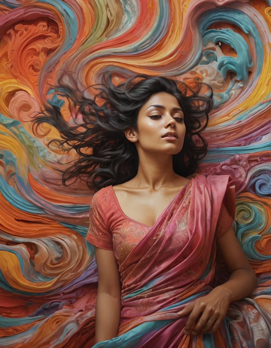 Surreal Indian Woman Surrounded by Swirling Colors