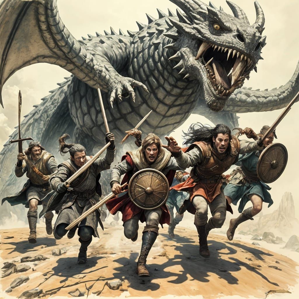 Adventurers Fleeing Dragon in Storybook Illustration