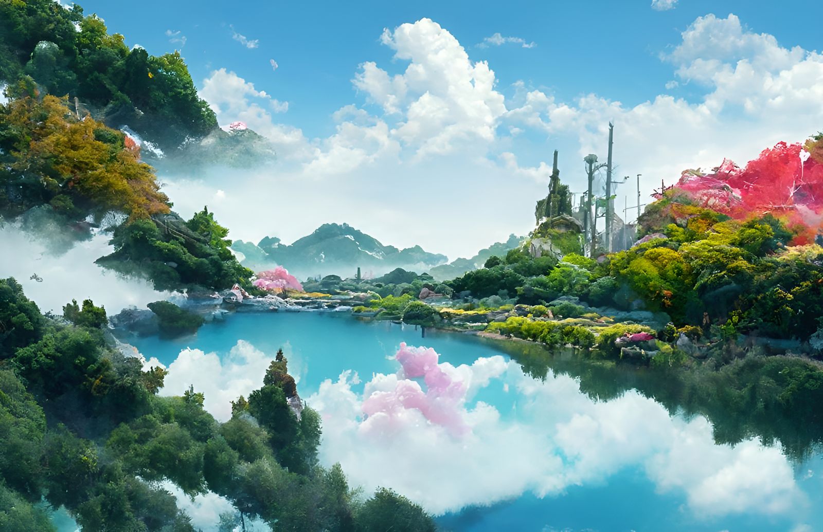 Anime Landscape with Geometric Lights, Digital Painting