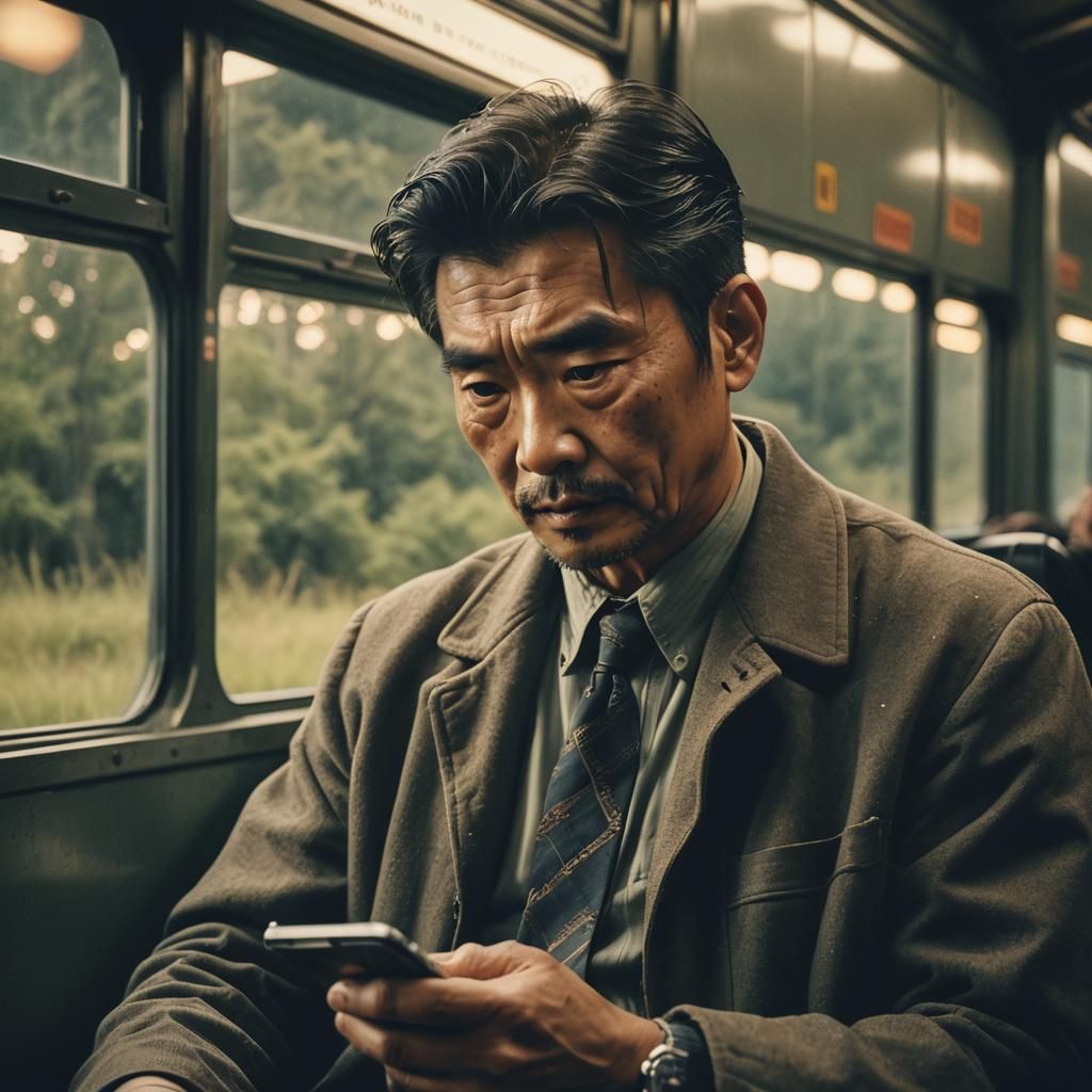Man Watches Train with Nostalgic Film Aesthetic