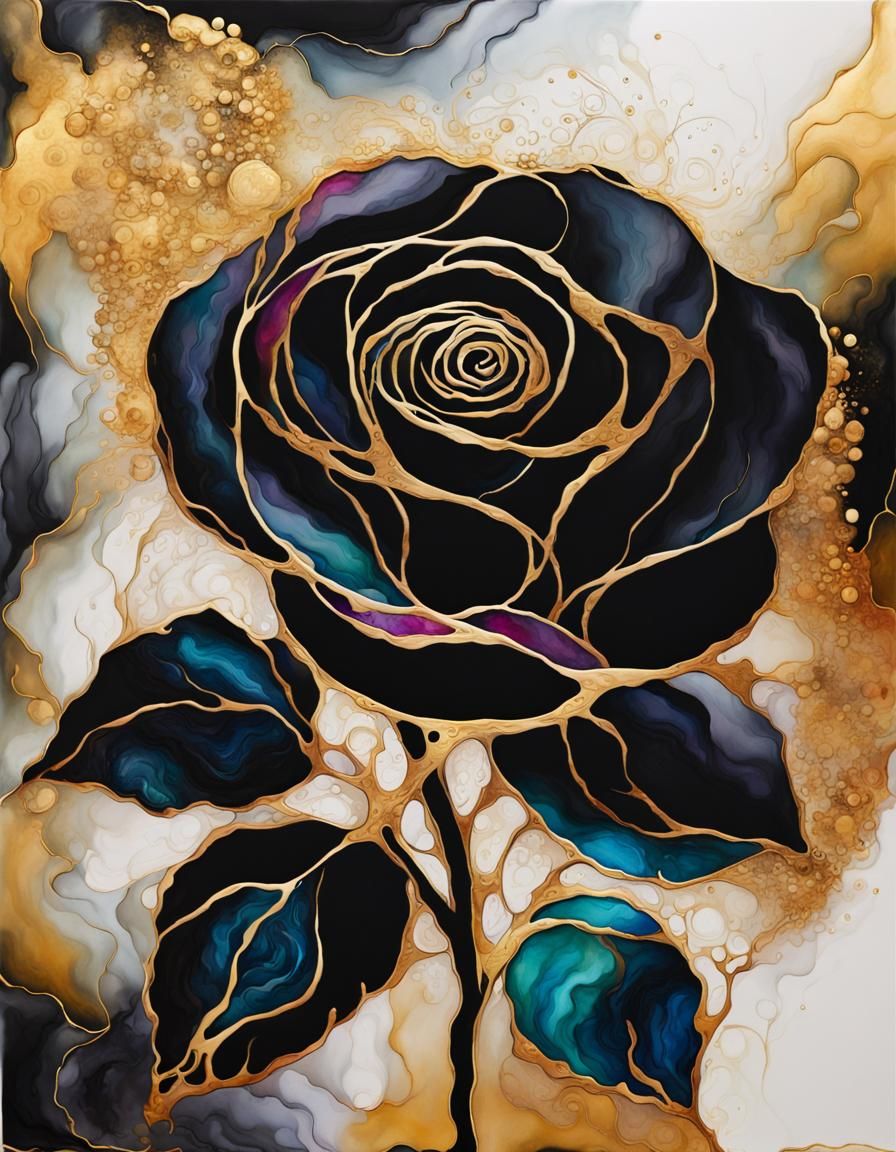 Abstract Black Rose with Gold Ink Boundaries