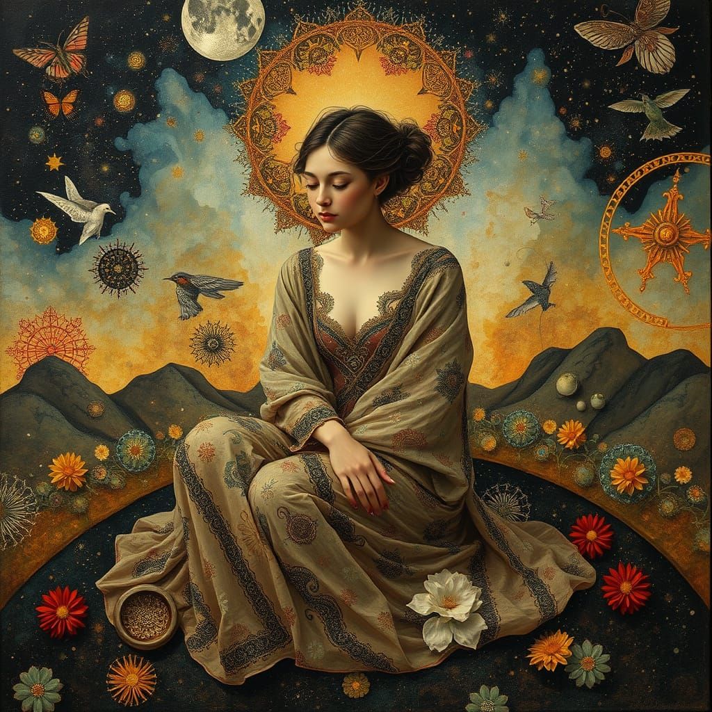 Surreal Figure in Dreamlike Landscape with Intricate Pattern...