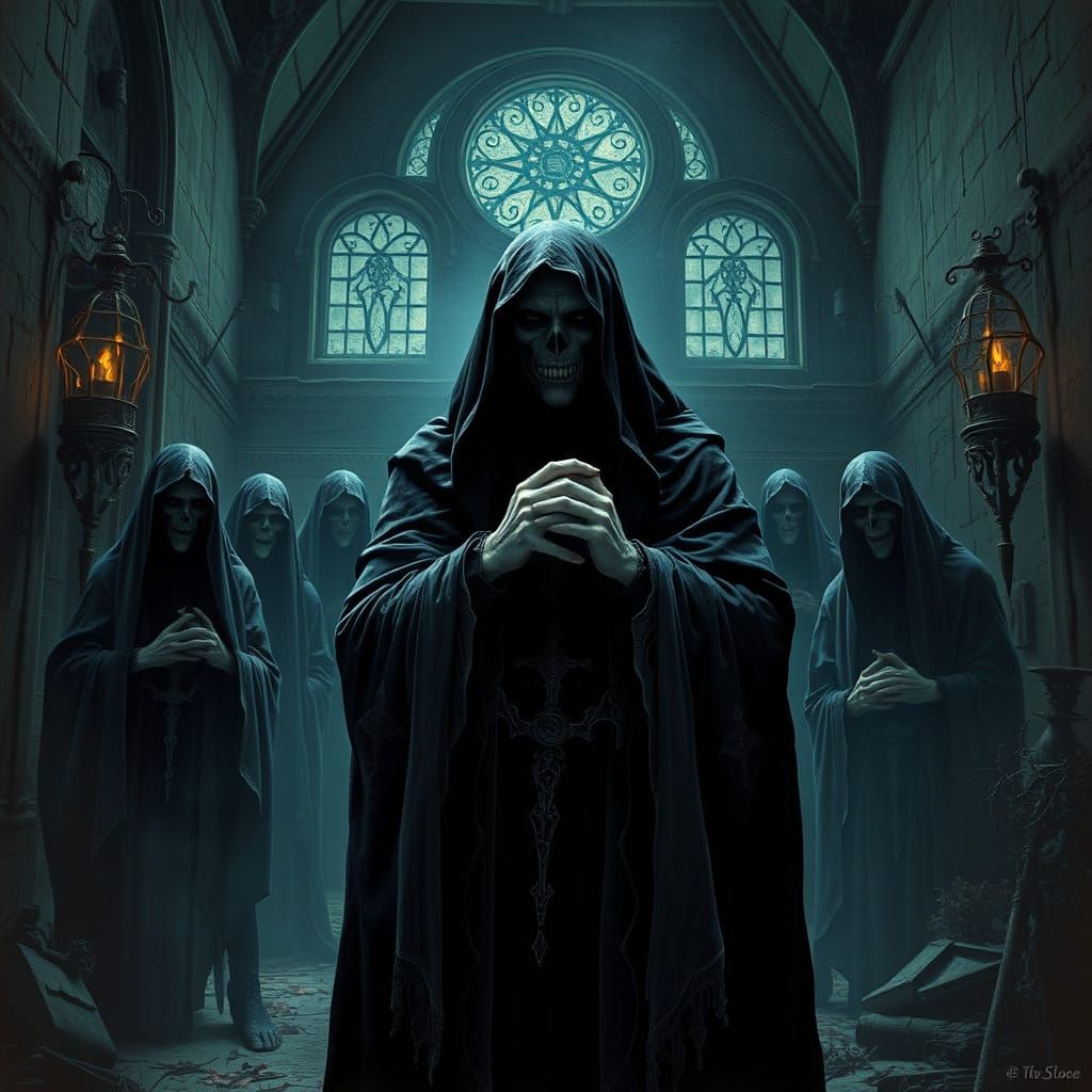 Grim Fantasy Figure Poses in Haunting Twilight Mansion