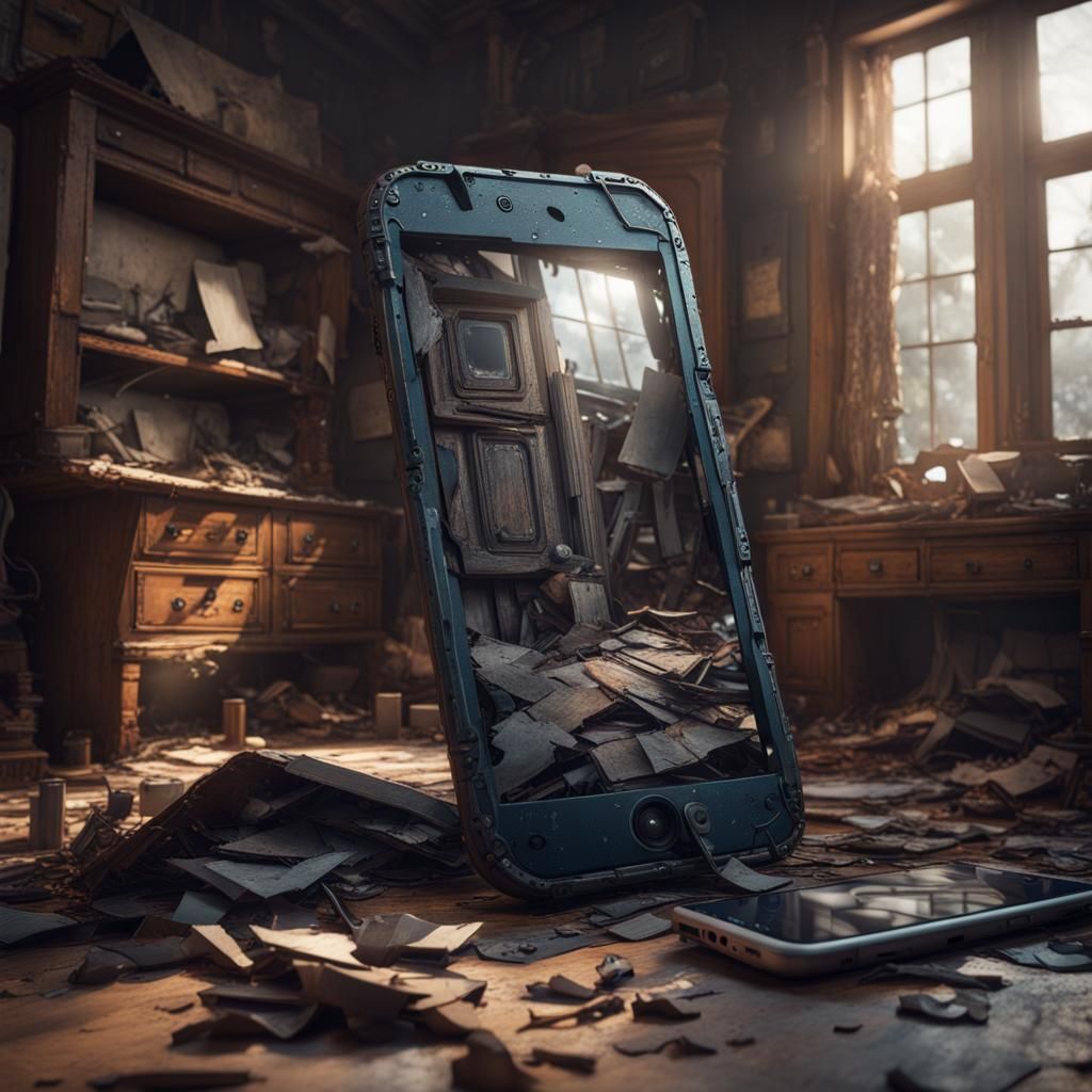 Broken Smartphone in Lost Place: Detailed Matte Painting