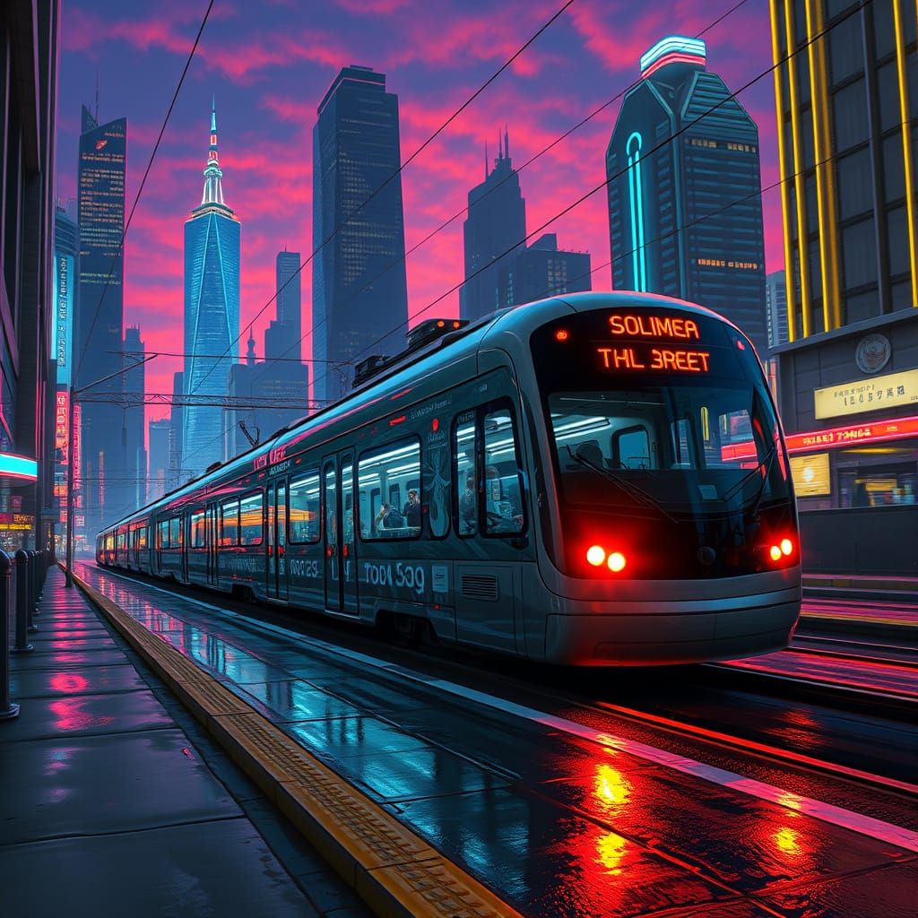 Transparent Train Speeds Through Neon Cityscape