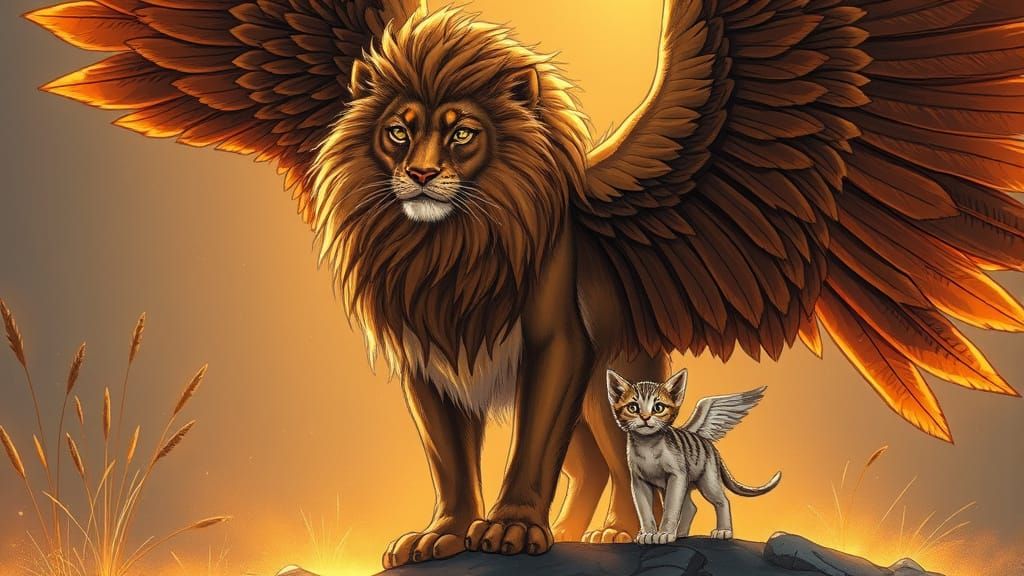 Winged Lion-Cat Guardian in Comic Book Style