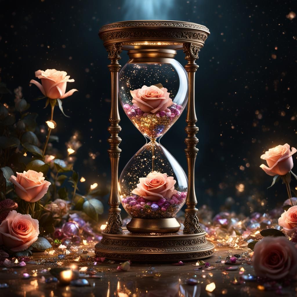 Crystalline Hourglass with Fairy Gems and Roses