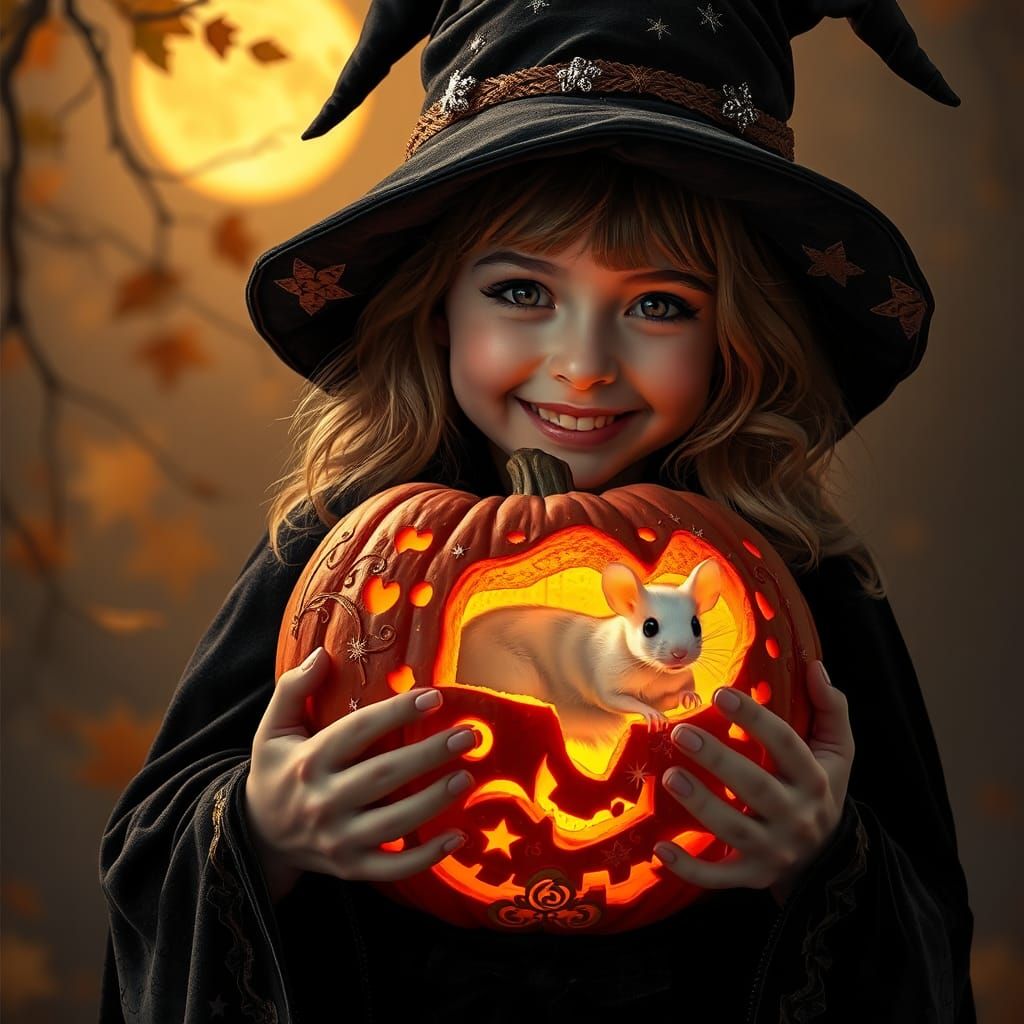 Girl with Halloween Pumpkin, in Photorealistic Style