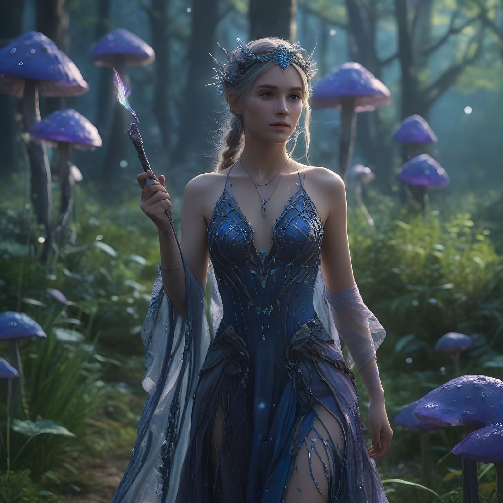 Sorceress Walks Amidst Glowing Mushrooms in Fantasy Landscap...